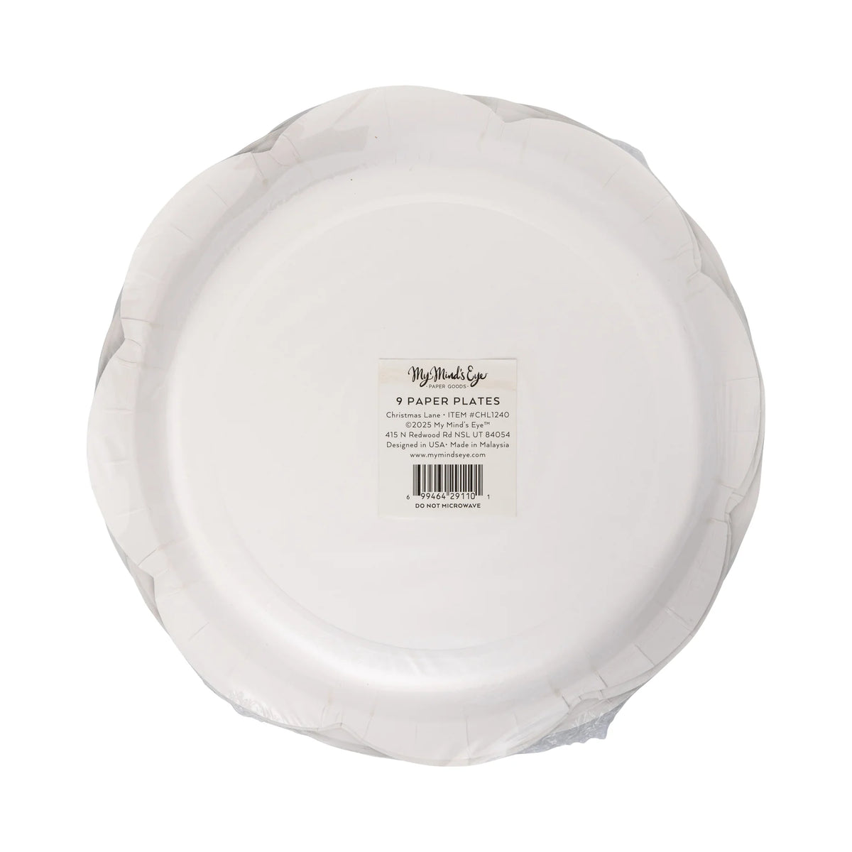 Back of the package showing the product label, quantity, and information for this disposable holiday tableware set.