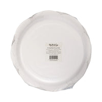 Back of the package showing the product label, quantity, and information for this disposable holiday tableware set.