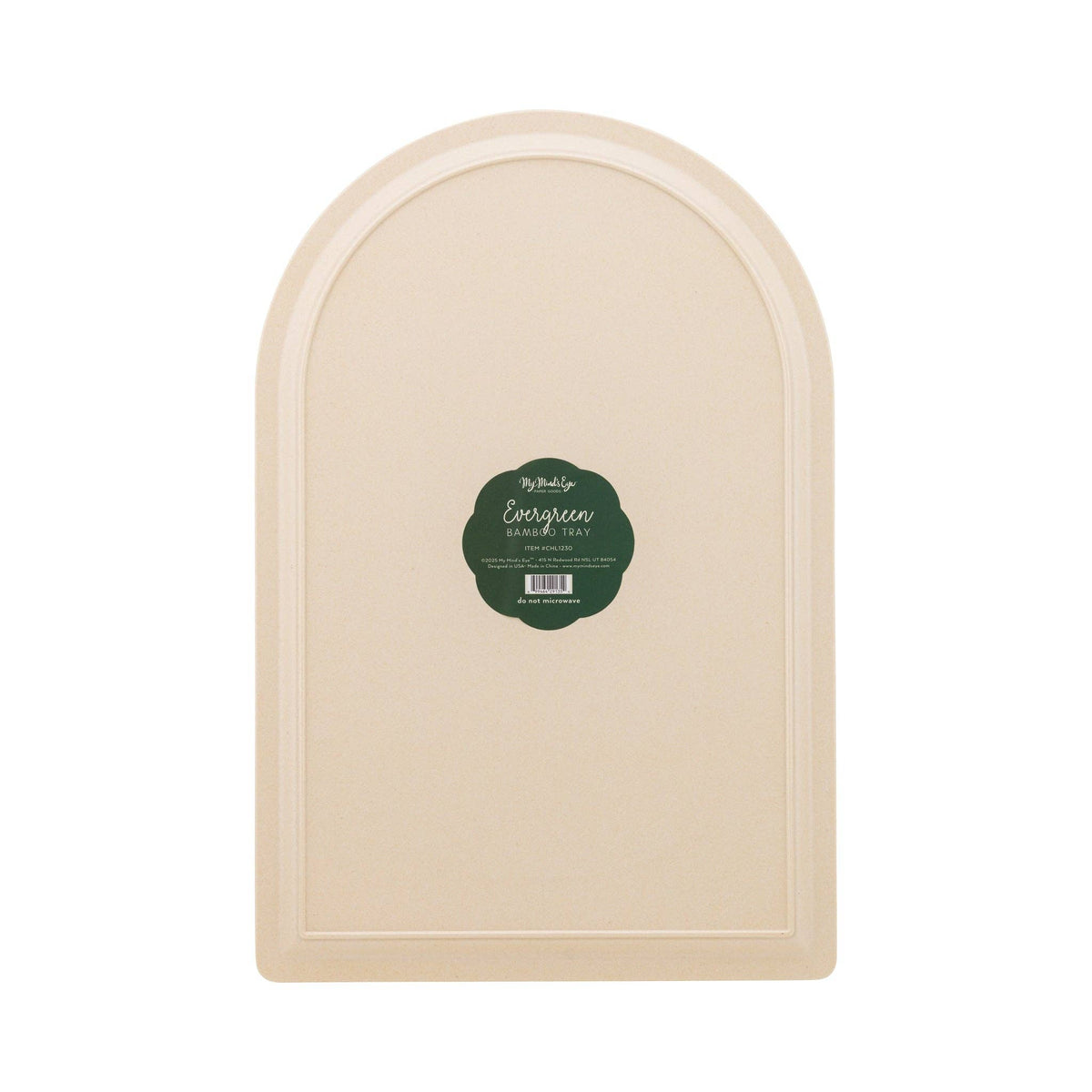 Back of the Bamboo Tray showing the Evergreen product label and the food-safe/dishwasher-safe labeling.