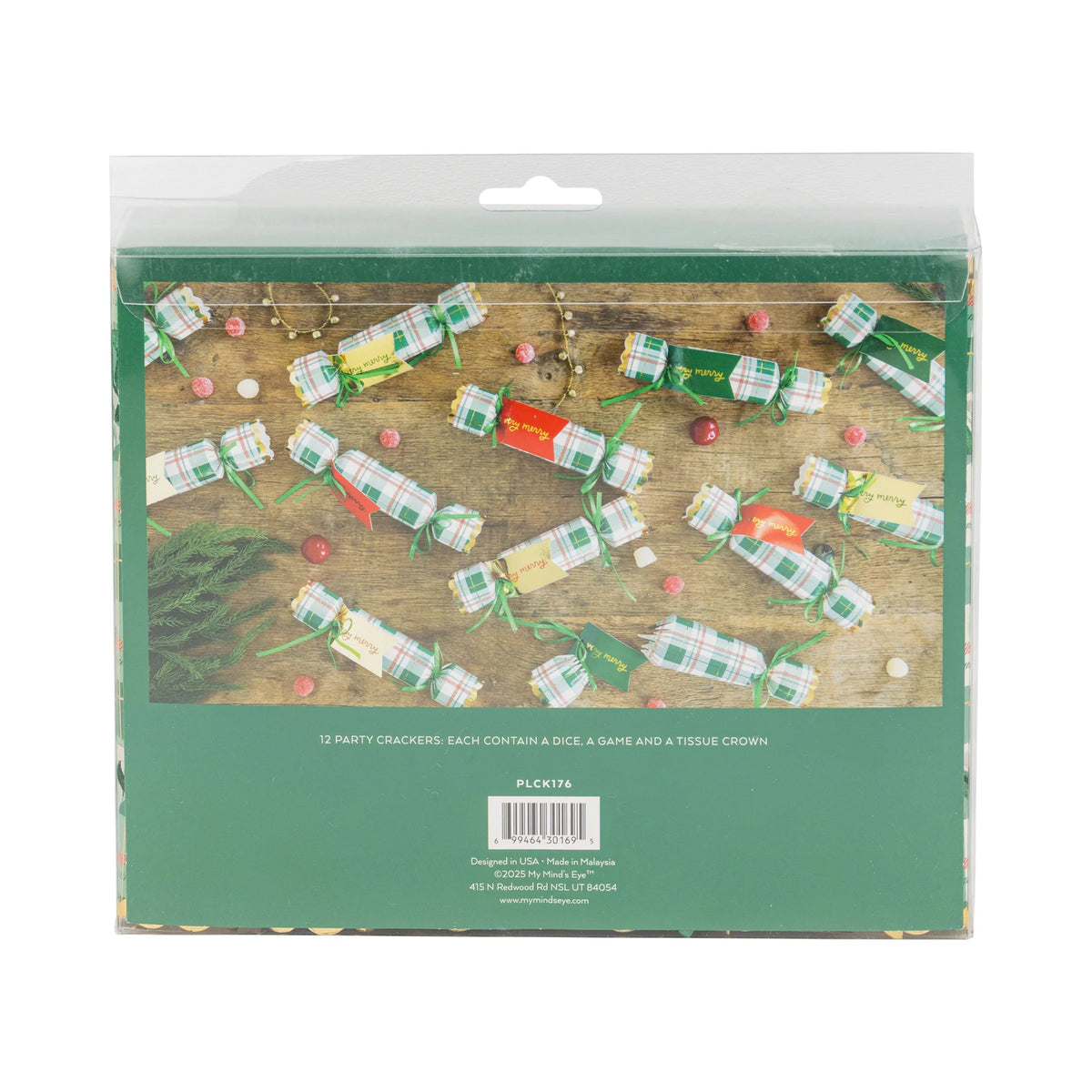 Back of the packaging detailing the contents (dice, game, crown) of the plaid party crackers.