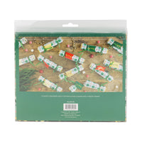 Back of the packaging detailing the contents (dice, game, crown) of the plaid party crackers.