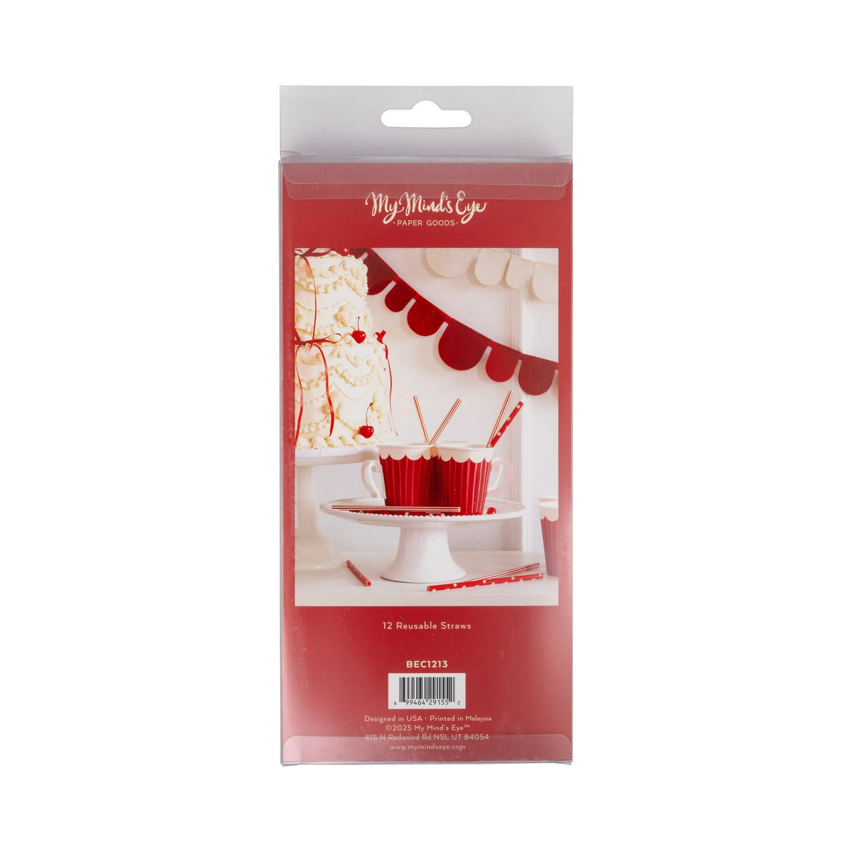 Back of the product packaging for the 12 reusable plastic straws showing product details and a lifestyle image.