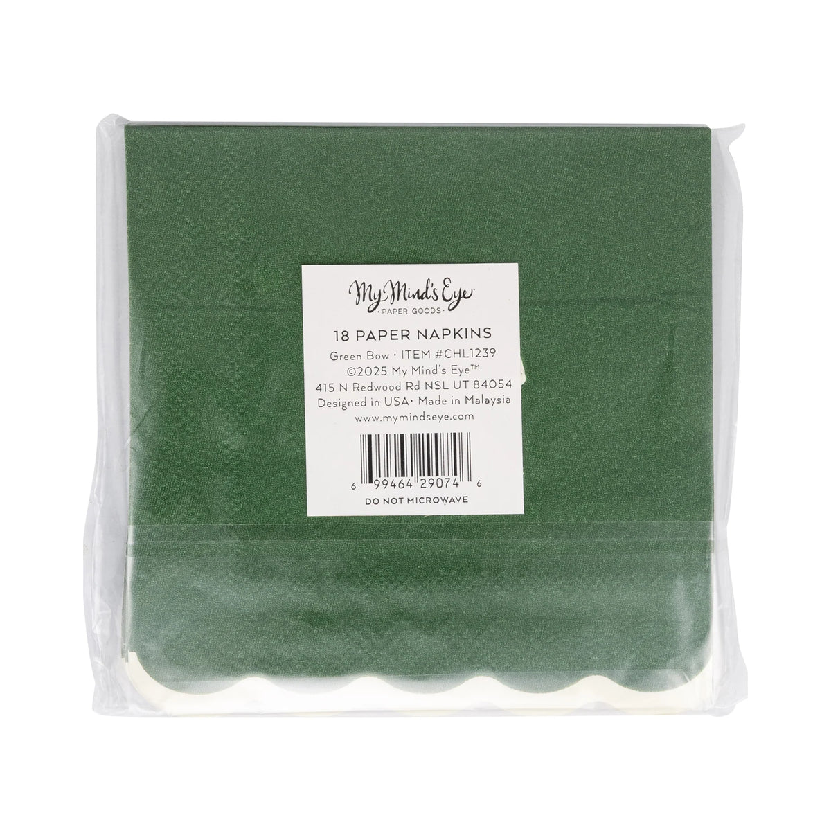 Back of the packaged scalloped edge napkins showing the quantity and product information label.