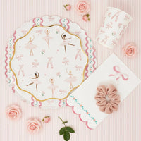 Scalloped bow napkin styled with a ballerina plate and velvet scrunchie