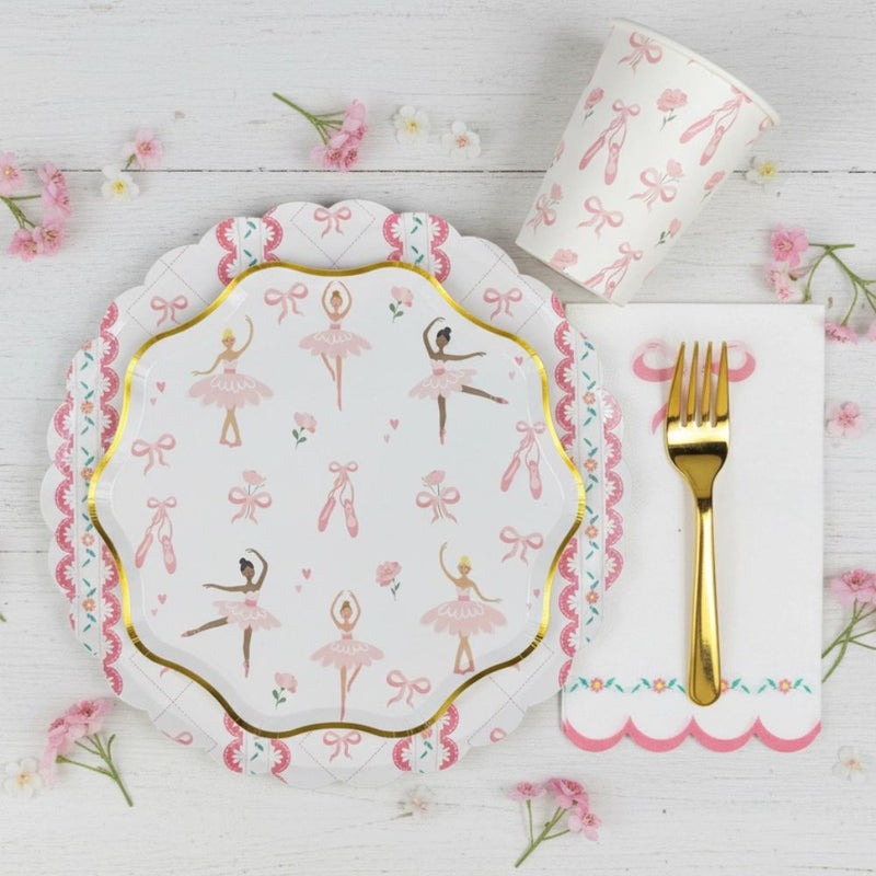 Complete ballerina party place setting with plate, cup, and gold fork