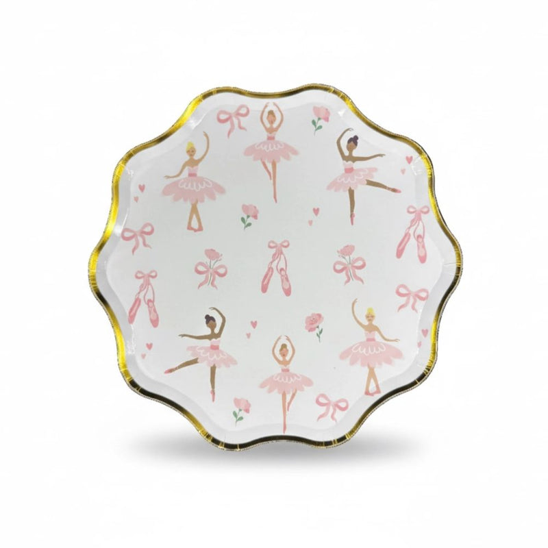 Single ballerina dessert plate with gold foil scalloped edge on white background