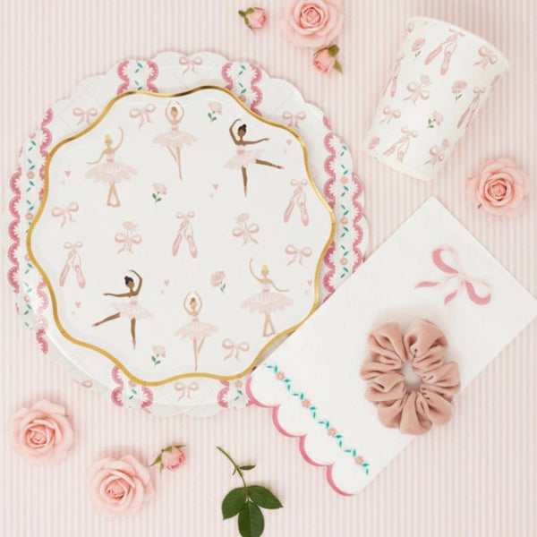 Overhead view of ballerina cup and plates with pink rose accents