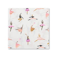 Close-up of a white paper napkin featuring a repeating pattern of illustrated ballet dancers in pink and purple tutus.