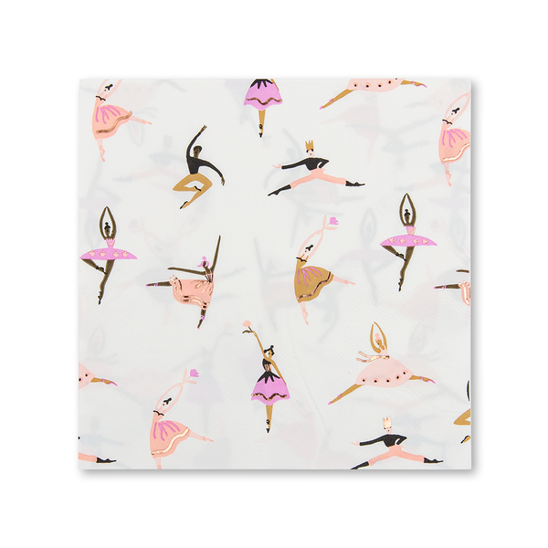 Close-up of a white paper napkin featuring a repeating pattern of illustrated ballet dancers in pink and purple tutus.