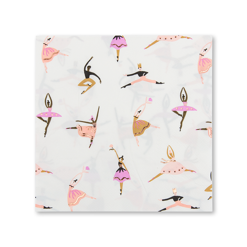 Close-up of a white paper napkin featuring a repeating pattern of illustrated ballet dancers in pink and purple tutus.