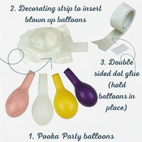 Diagram showing Pooka Party balloons, decorating strip, and double-sided glue dots