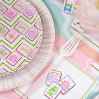 Tight detail on the green bamboo lattice framing the Mahjong Dessert Plates.