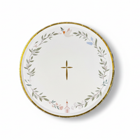 religious dessert plate with dove olive wreath and gold cross
