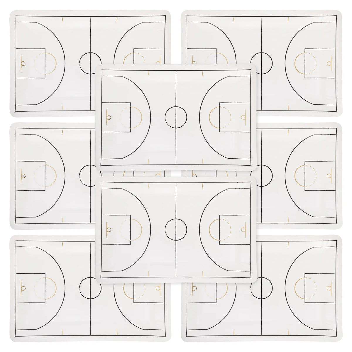 Set of eight basketball court plates arranged in a grid.