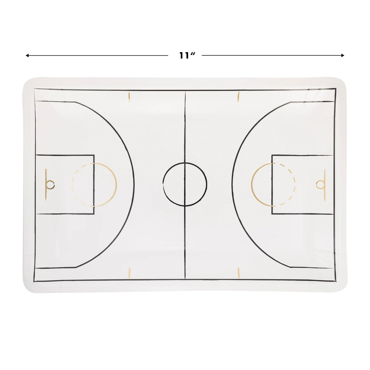 Single plate showing 11-inch width with court artwork and gold accents.