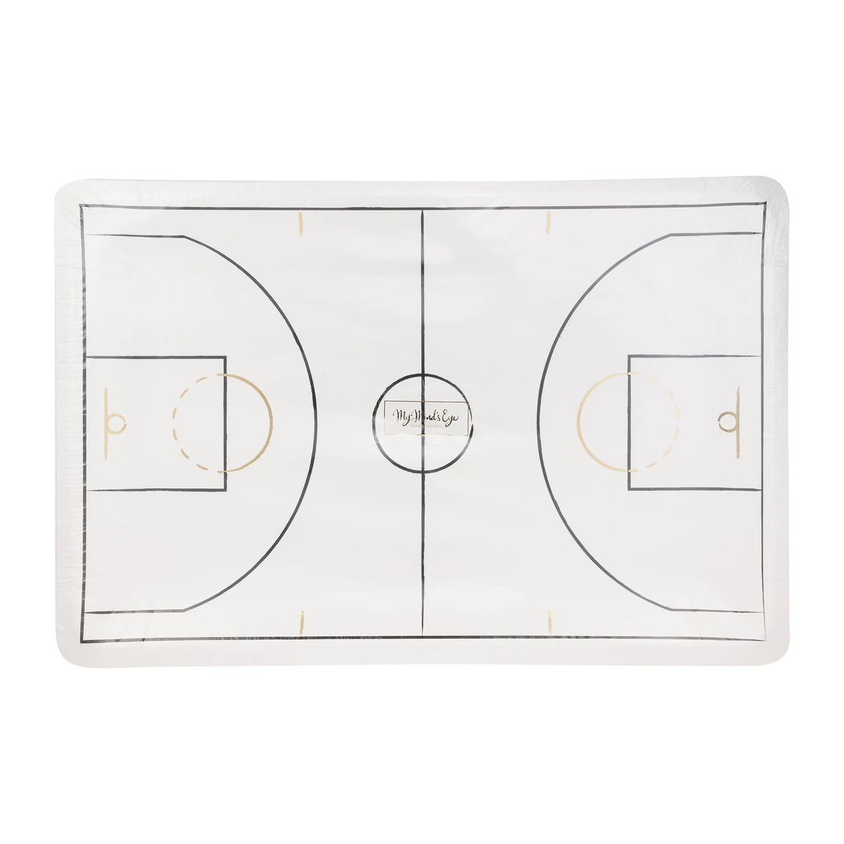 Front of package featuring basketball court design on rectangular plates.