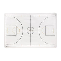Front of package featuring basketball court design on rectangular plates.