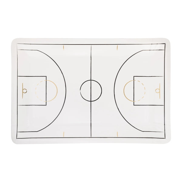 Single rectangular plate printed with a full basketball court in black and gold.