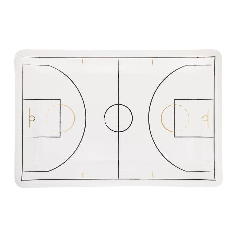 Single rectangular plate printed with a full basketball court in black and gold.