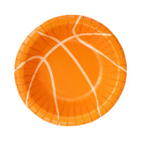 Basketball-shaped orange paper bowl with cream line detail on white background