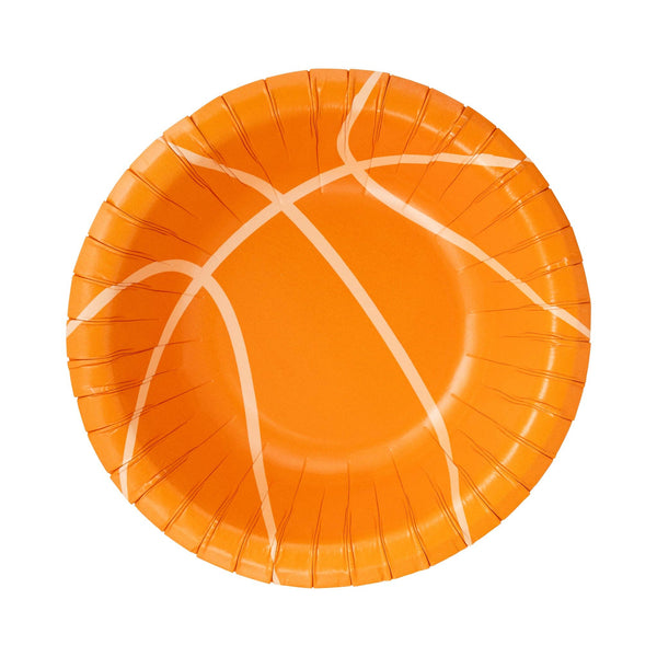 Basketball-shaped orange paper bowl with cream line detail on white background