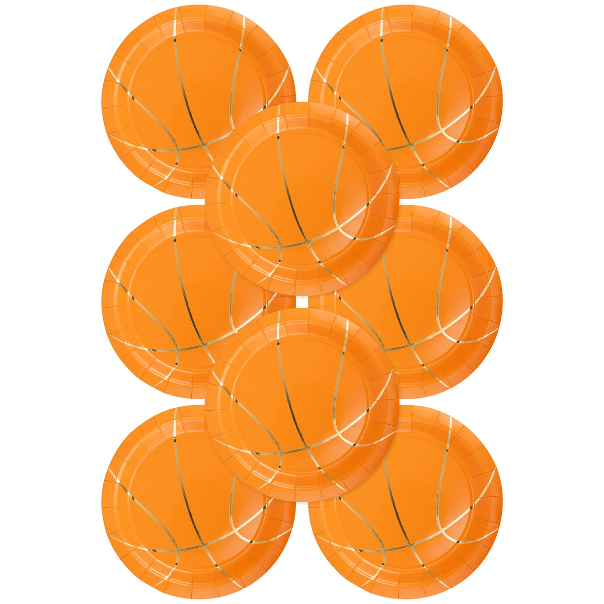 Set of orange basketball paper plates with gold seams—game day basketball party supplies.