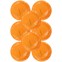 Set of orange basketball paper plates with gold seams—game day basketball party supplies.