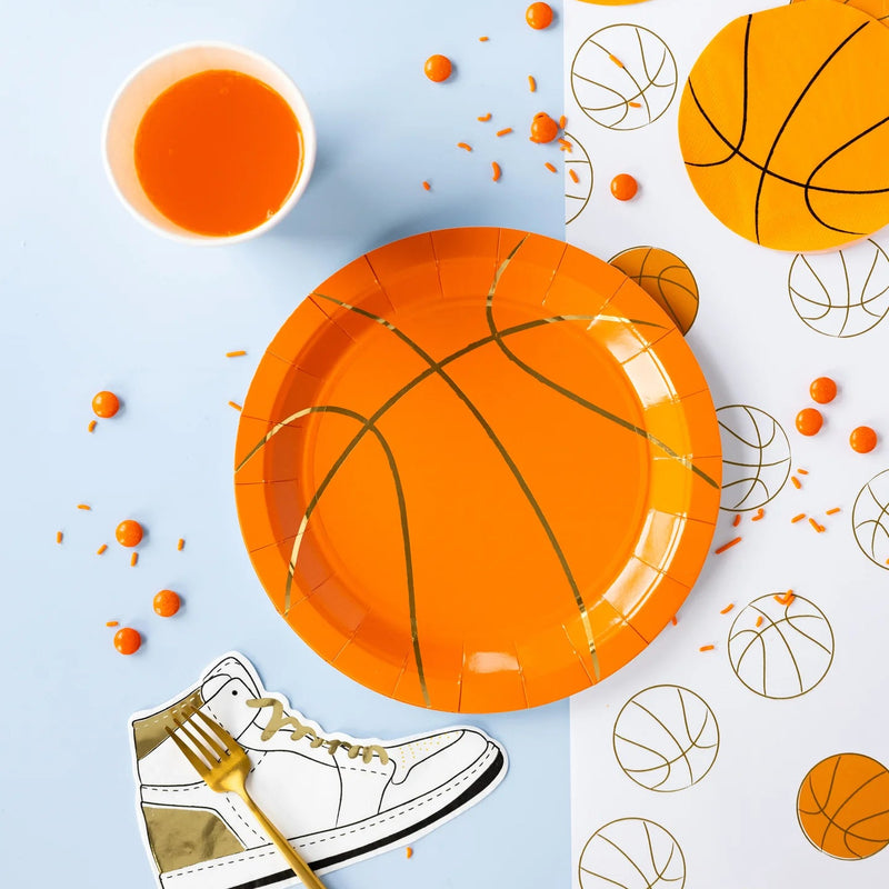 Basketball plate and sneaker napkin—on-trend basketball party supplies and nike party decorations.
