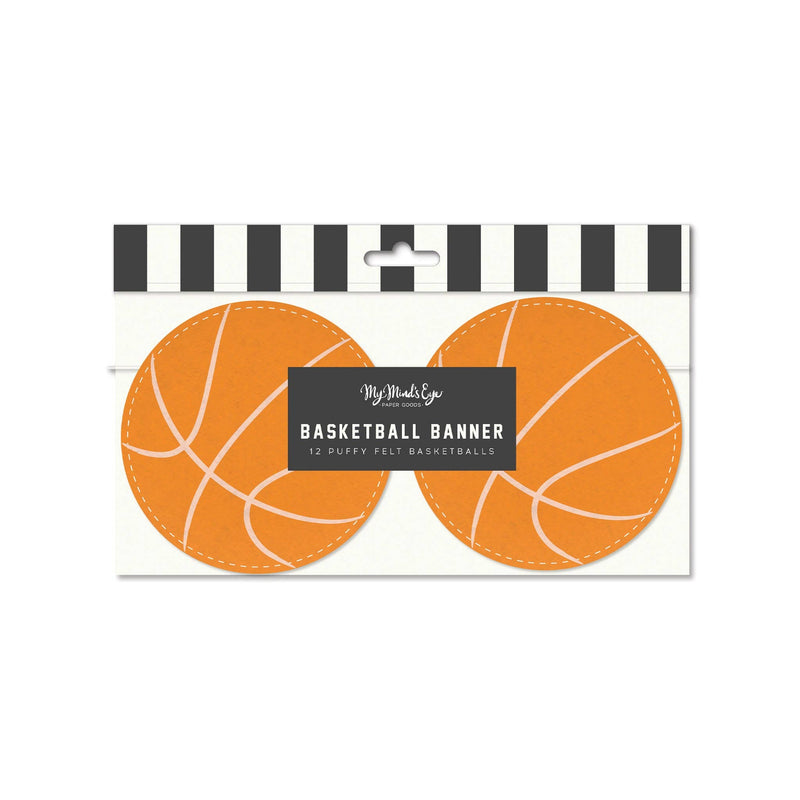 Packaged basketball puffy felt banner with 12 orange felt basketball pieces on twine