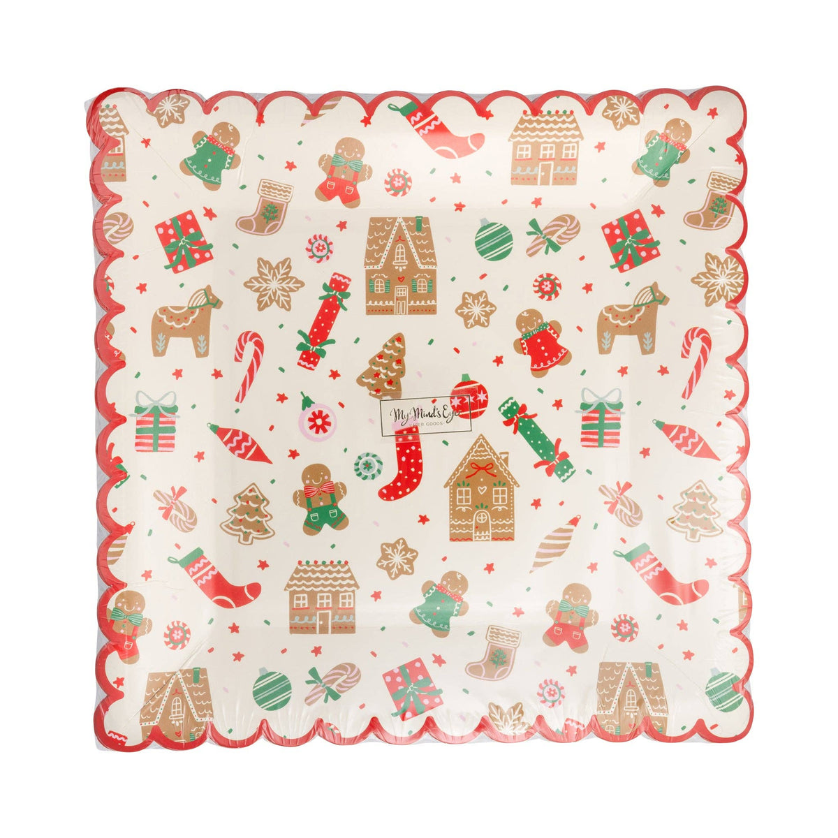 Close-up of Gingerbread Pattern Plate with colorful gingerbread house and candy illustrations.