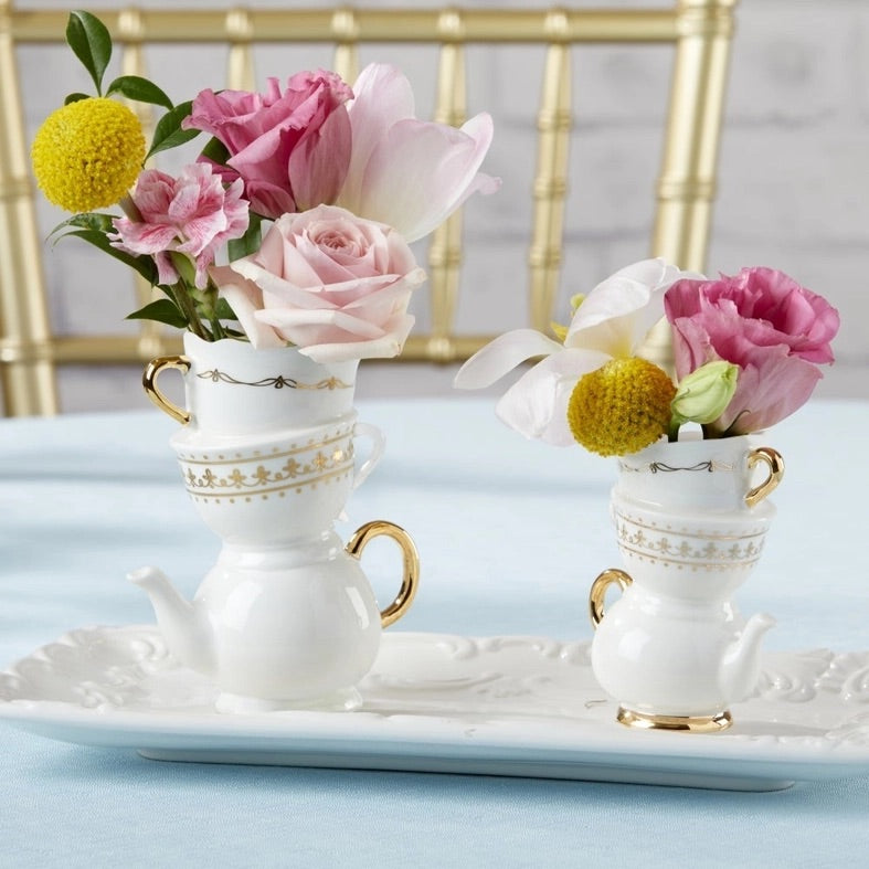Tea Time Whimsy Ceramic Bud Vase - Tea Party Events, Take Home Gift Party Decor for Birthday, Wedding & Bridal Shower
