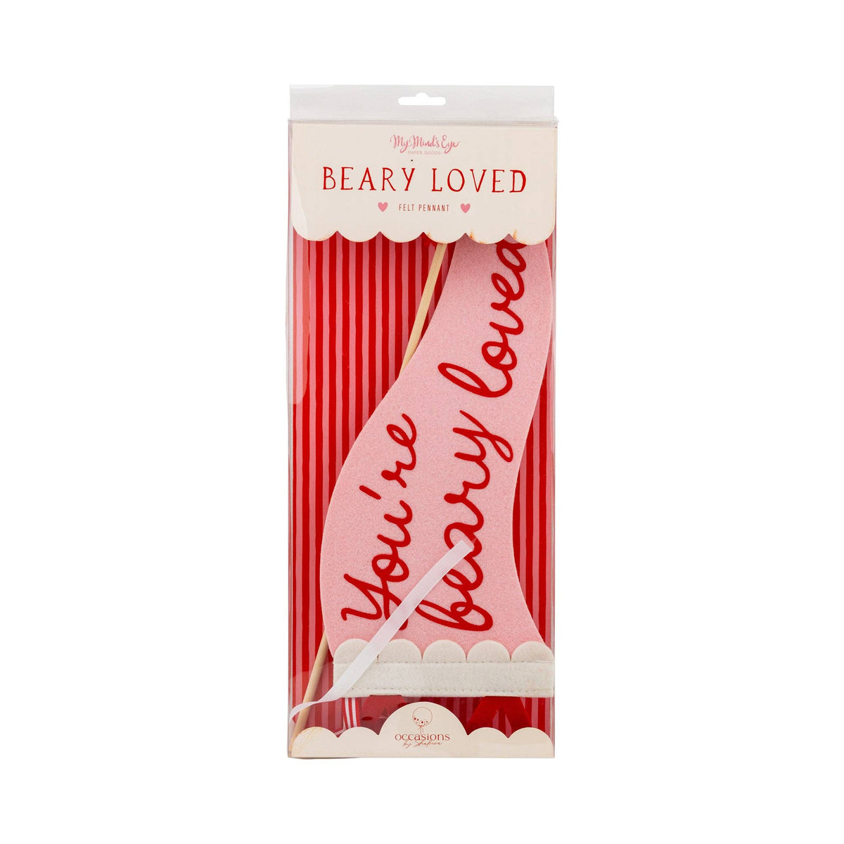 Packaged Beary Loved felt pennant with wooden dowel and ribbon visible