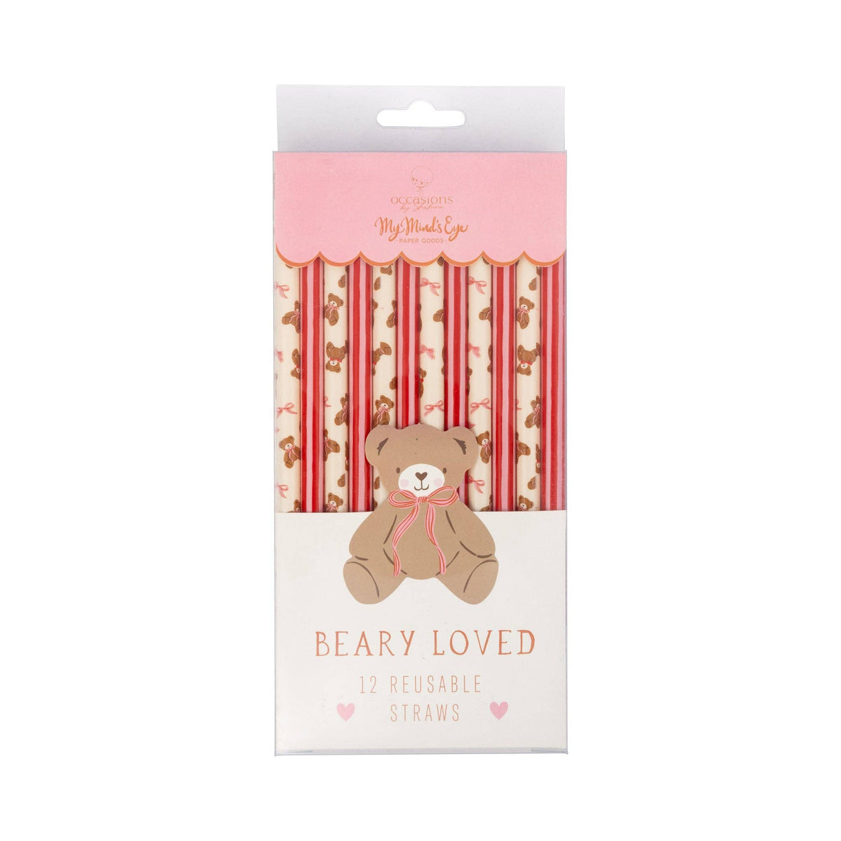 Packaged Beary Loved reusable straws with teddy bear illustration