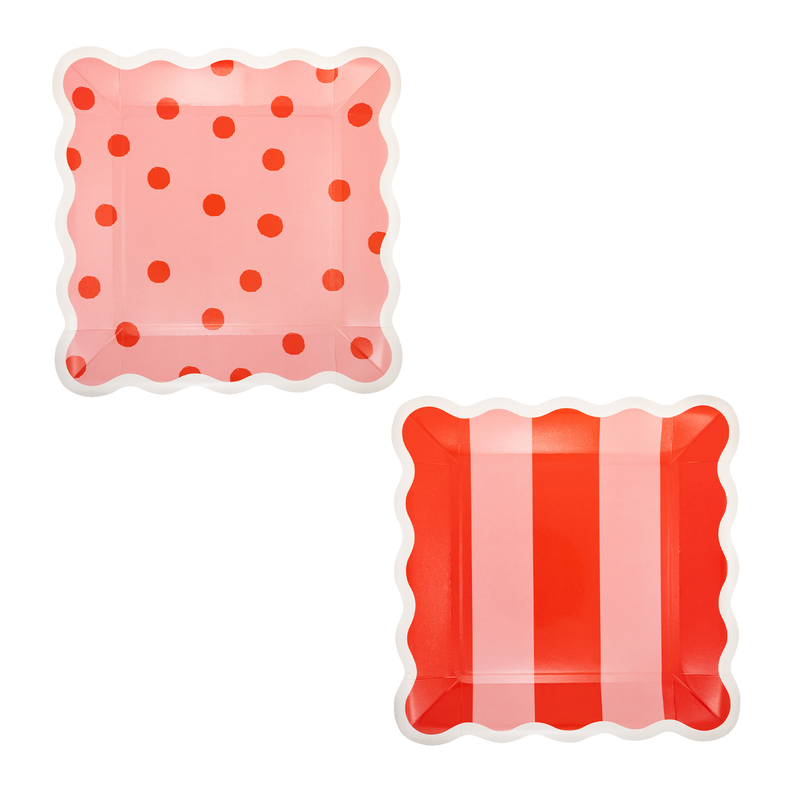 plate set with pink and red polka dot and stripe designs