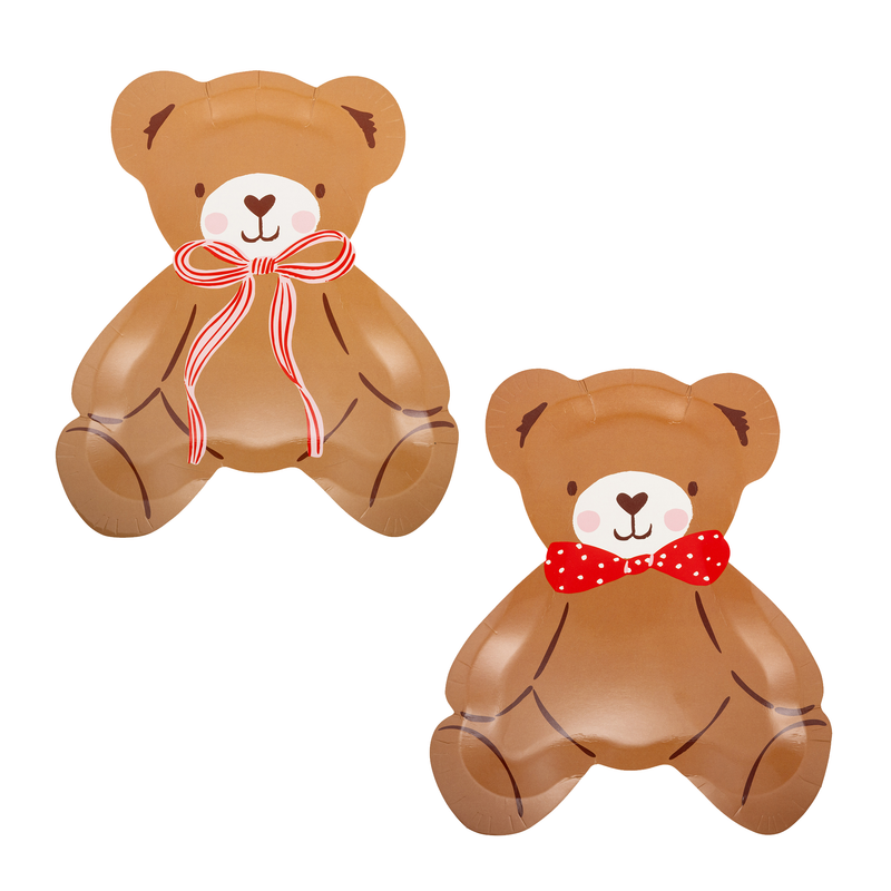 Two teddy bear–shaped plates with striped and red bows