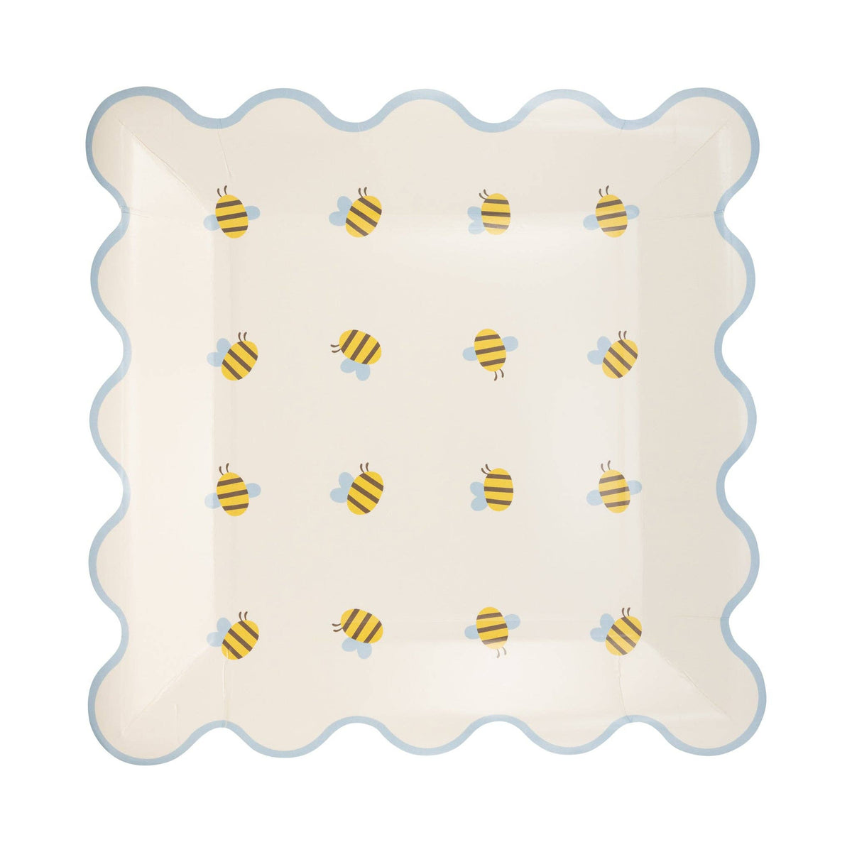 A square paper plate with a blue scalloped rim and a Honey hued palette bee pattern.