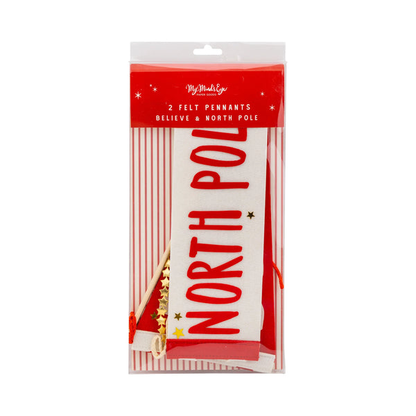 Front packaging view of Believe and North Pole felt pennant set with dowels included.