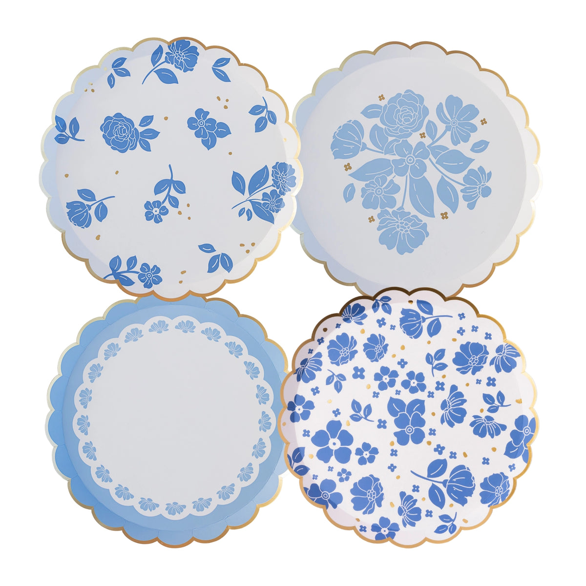 Product grid showing four Belle Blue floral dessert plate designs with gold scalloped rims.