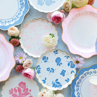 Assorted Belle Blue dessert plates styled with roses and cupcakes—perfect boy baby shower plates or tea party table.