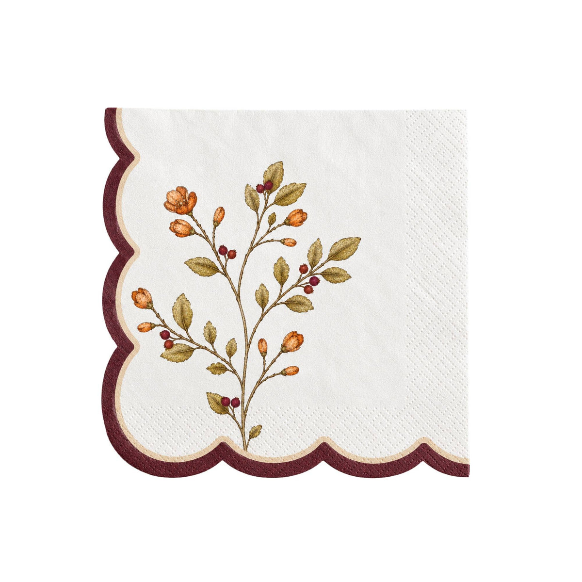Cream cocktail napkin with an etched berry branch print and burgundy scalloped edge