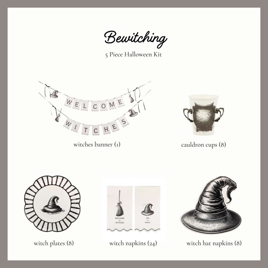 Bewitching witch Halloween party kit contents, Welcome Witches banner, cauldron cups, striped witch hat plates, witch napkins and die-cut witch hat napkins