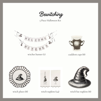 Bewitching witch Halloween party kit contents, Welcome Witches banner, cauldron cups, striped witch hat plates, witch napkins and die-cut witch hat napkins
