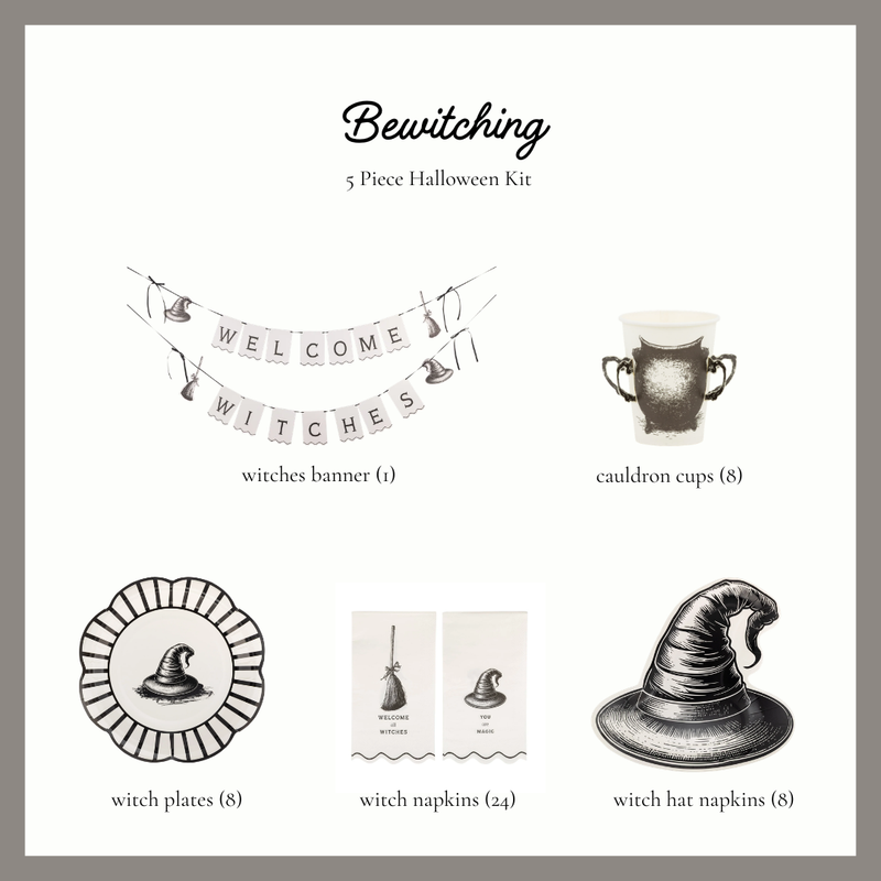 Bewitching witch Halloween party kit contents, Welcome Witches banner, cauldron cups, striped witch hat plates, witch napkins and die-cut witch hat napkins