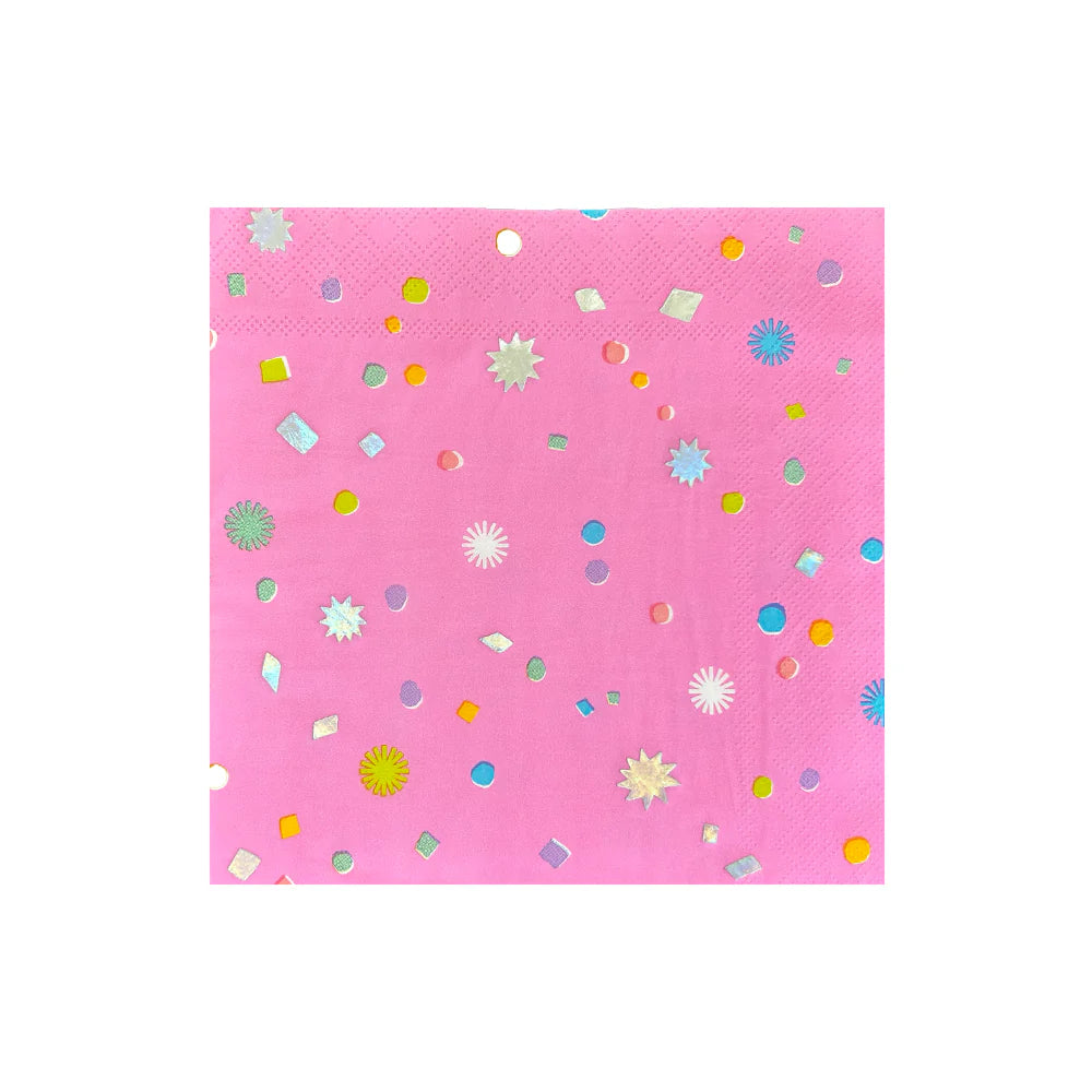 Isolated square napkin in hot pink covered with foil confetti dots, gems and starbursts on white background.