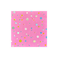 Isolated square napkin in hot pink covered with foil confetti dots, gems and starbursts on white background.