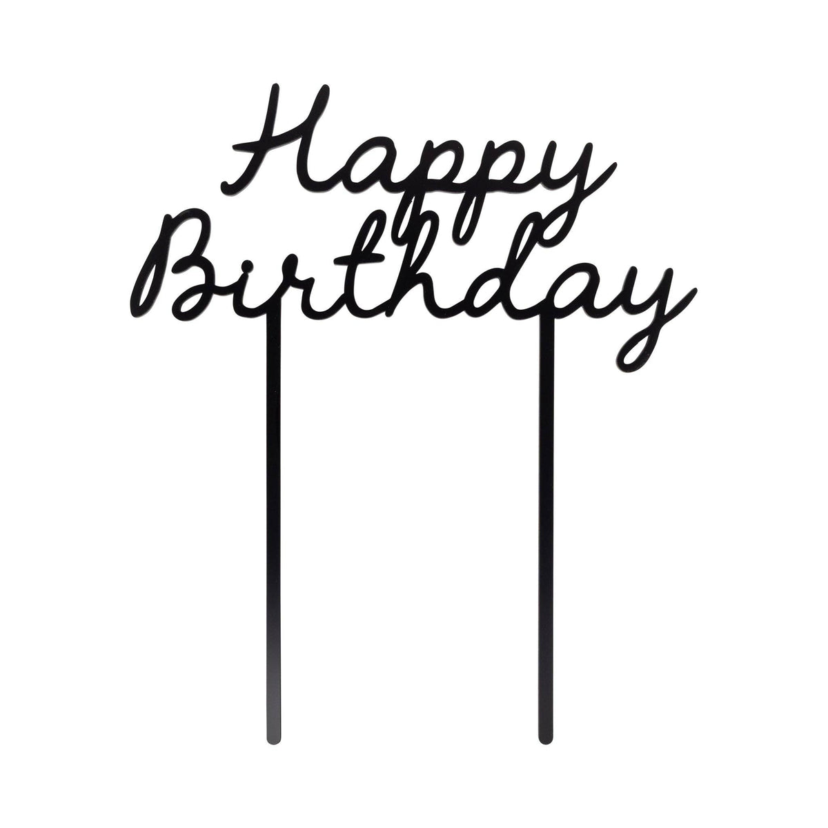 Black acrylic Happy Birthday cake topper showing full matte black cursive script with two stakes on white background