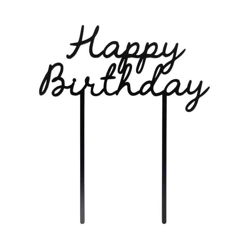 Black acrylic Happy Birthday cake topper showing full matte black cursive script with two stakes on white background