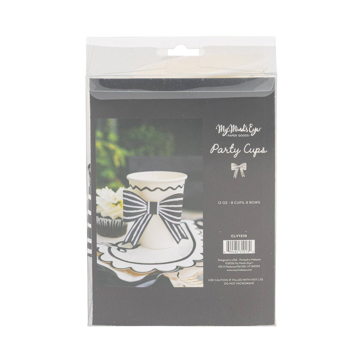 Back of packaging for black and white bow party cups with product details and styling image
