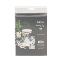 Back of packaging for black and white bow party cups with product details and styling image