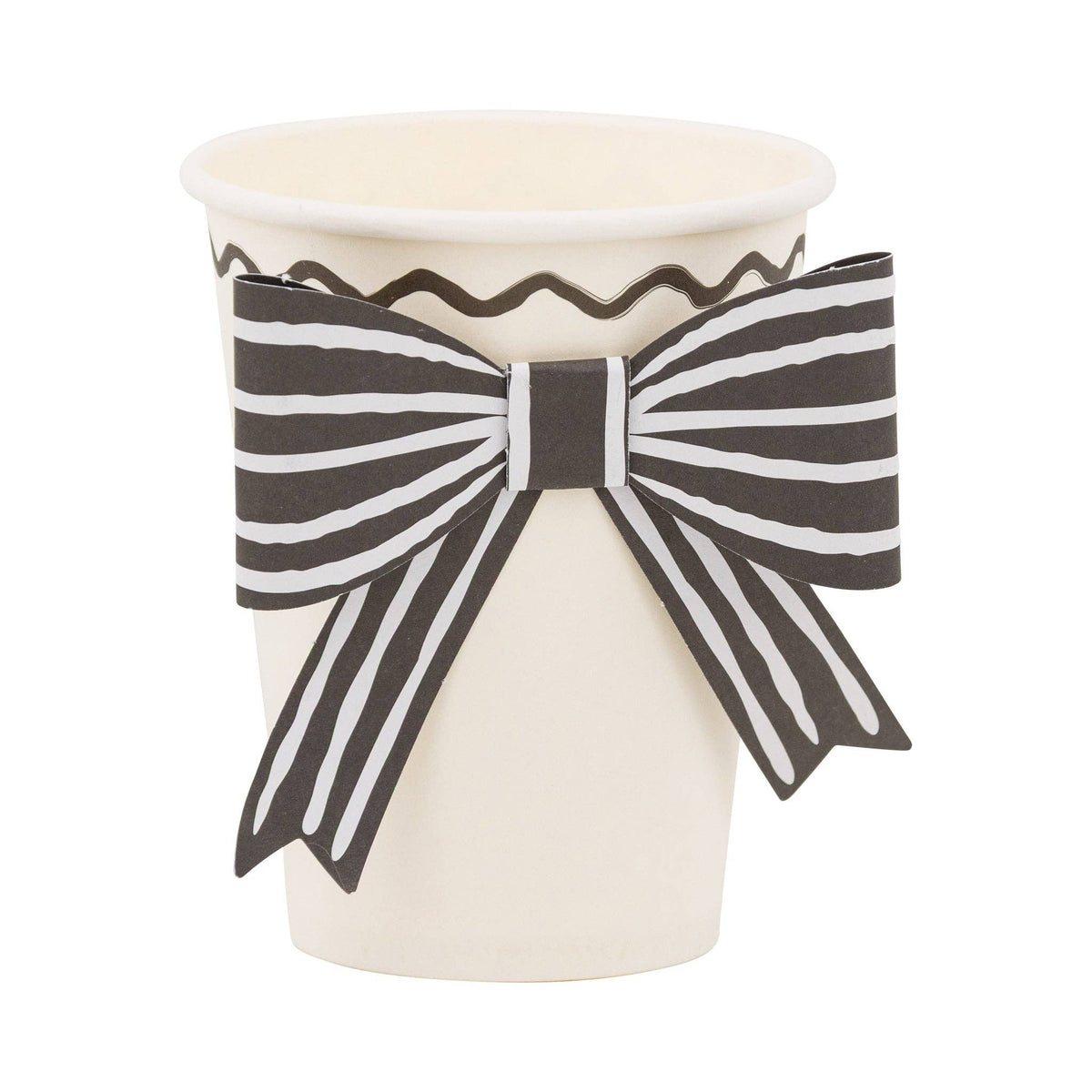 Black and white bow party cup with removable paper bow, perfect for Valentine’s Day celebrations